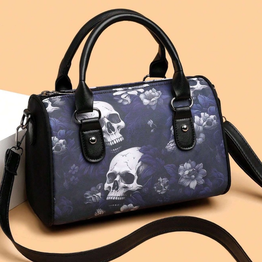 Skull Floral Pattern Black & Purple Crossbody Bag